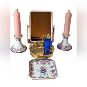 Vanity Decor Tray with Candle Holders, Pink Mirror, Gold Tray & Perfume Bottle